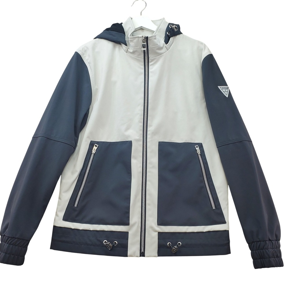 Guess Softshell Jacket Men Medium White Black Colorblock Hooded Moto Street Wear